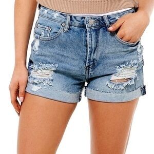 Almost Famous Womens Size 13 Blue Distressed Cuffed Jean Shorts